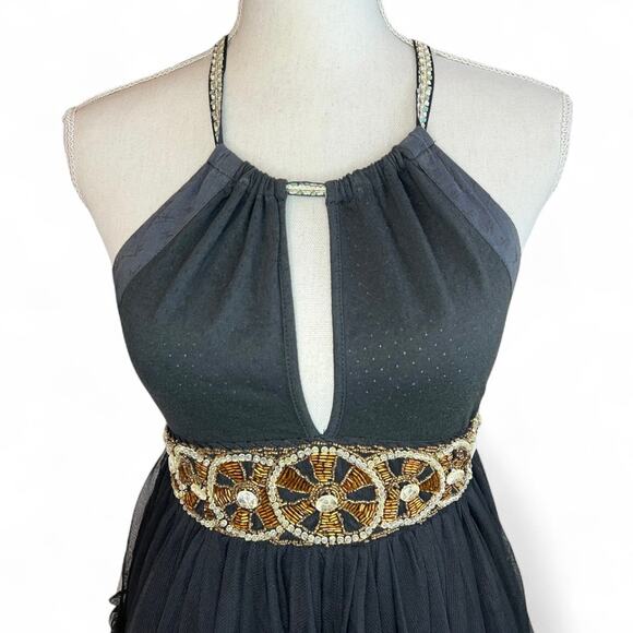 Y2k Vintage Free People mini Dress Black Boho Beaded Tulle Open Back whimsigoth - Picture 2 of 9